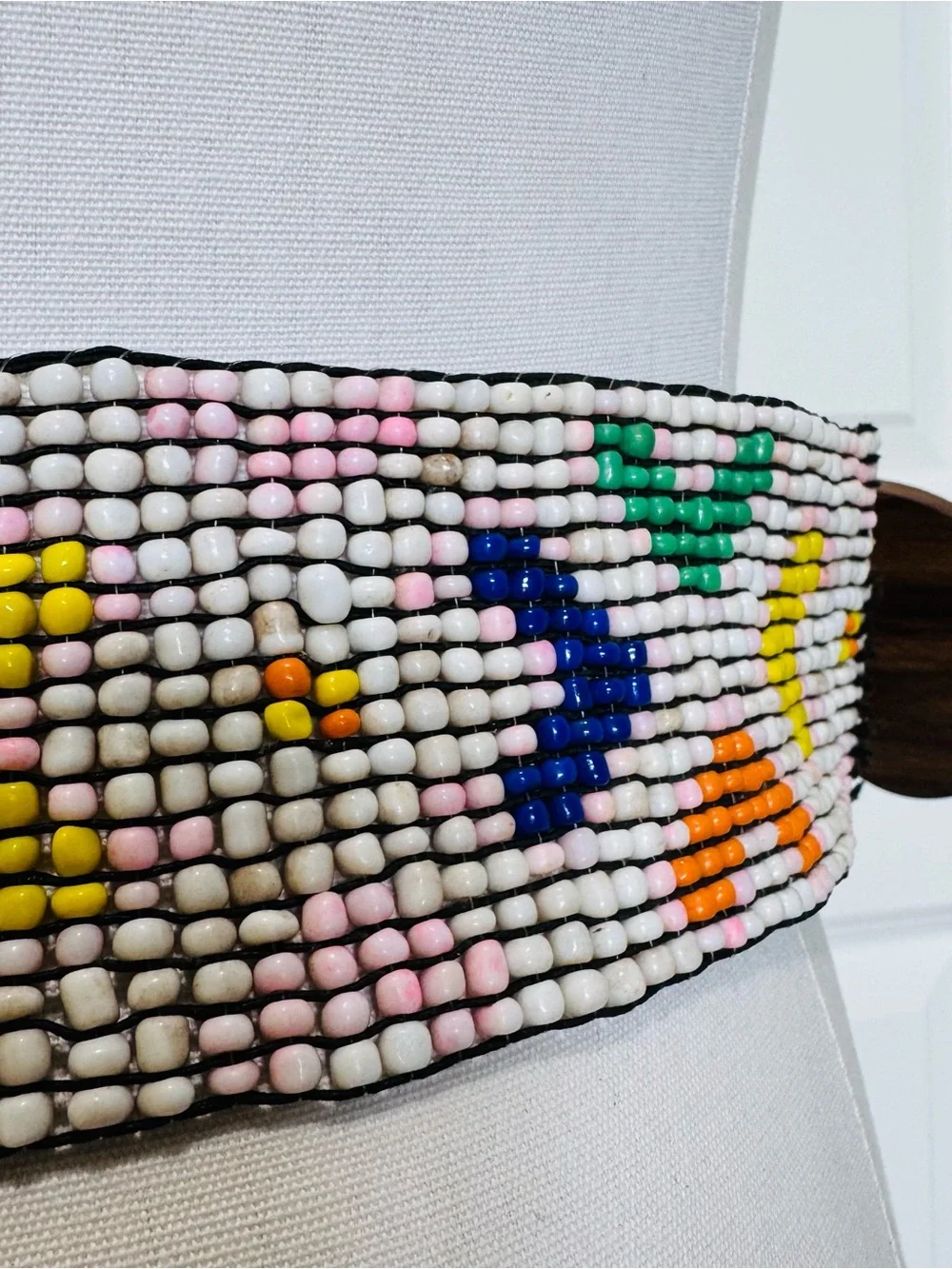 Handcrafted Reversible Multicolor Seed-Bead Waist Belt with Wooden Buckle